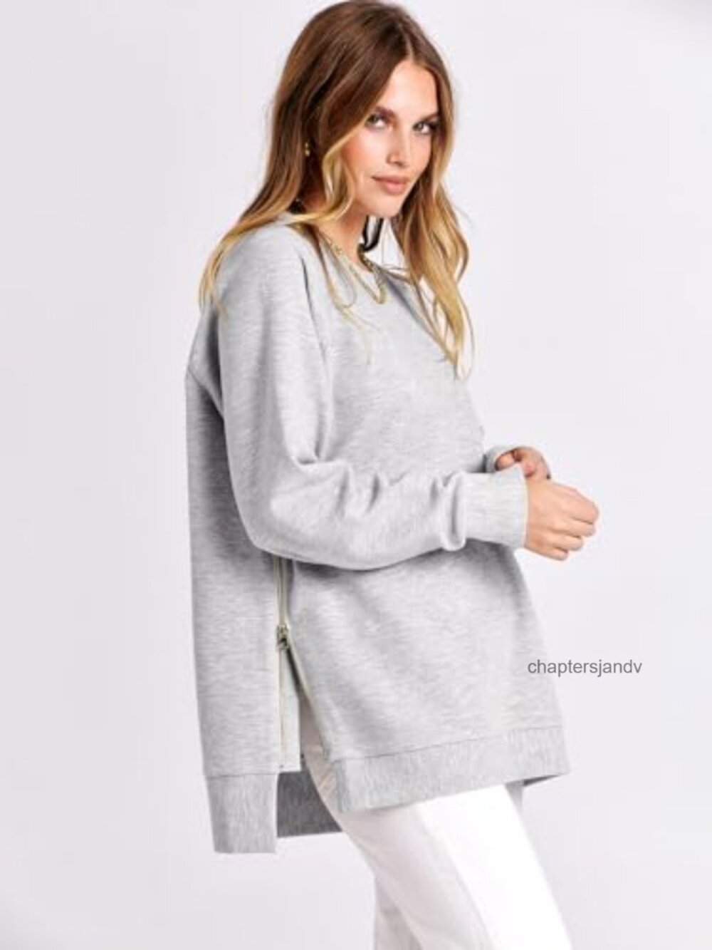 Oversized Crewneck Tunic Sweatshirt Side Zip Long Sleeve Relaxed Fit - Picture 2 of 6